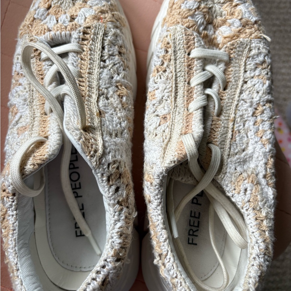 Free People Cream and Tan Textured Crochet Sneakers Sz 39